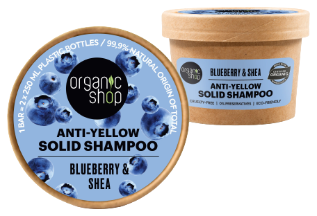 Organic Shop Bl&aring;b&auml;r och Shea Anti-Yellow Solid Schampo 60 gr